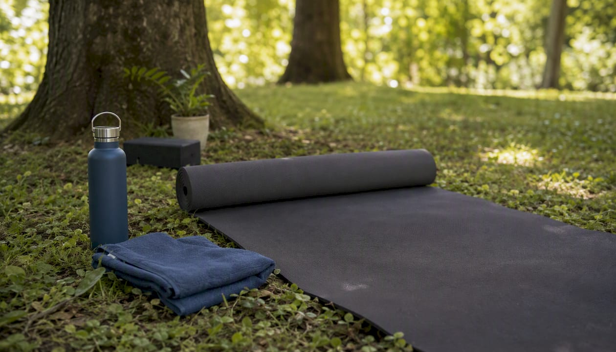 Natural rubber yoga mat partially unrolled on wooden floor