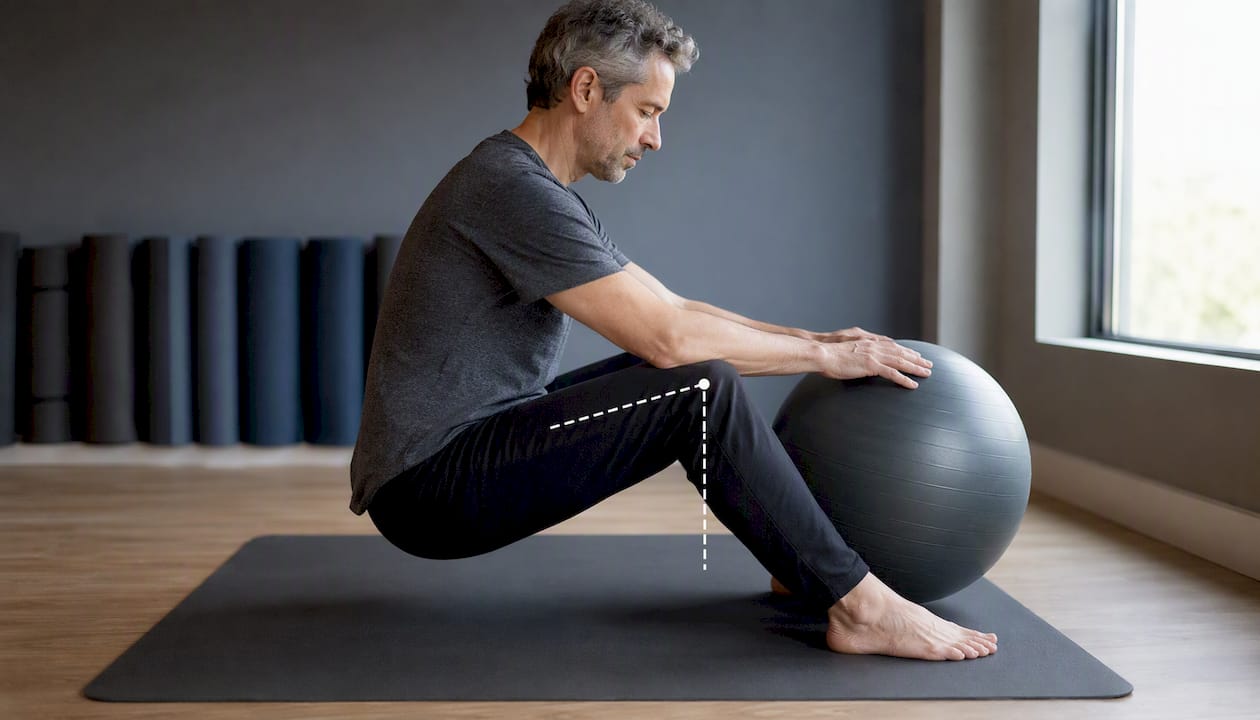 Person adjusting exercise ball size in yoga studio
