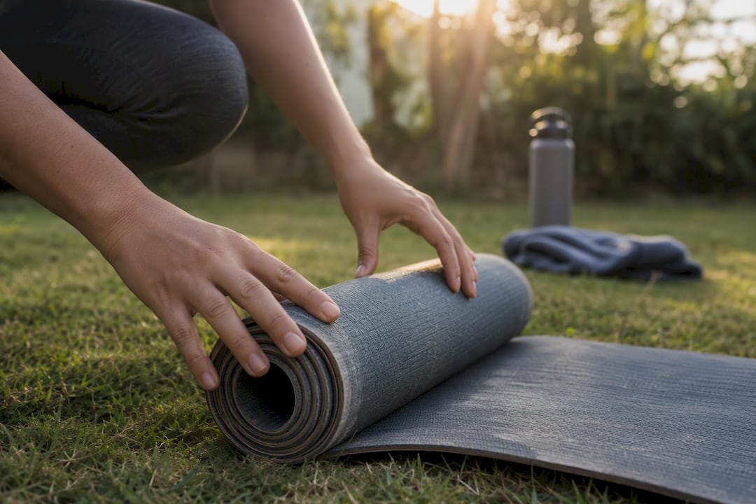 Hands inspecting worn edges and surface of yoga mat