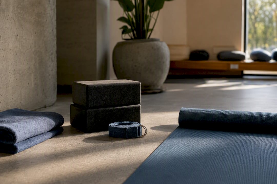 Yoga starter kit items on wooden floor
