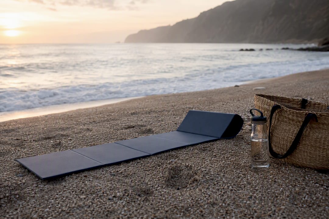 Foldable yoga mat partially unfolded outdoors