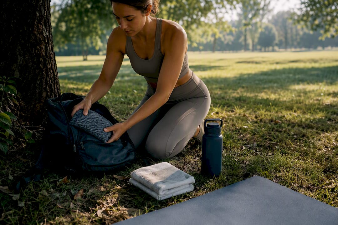 Compact outdoor yoga setup in a park
