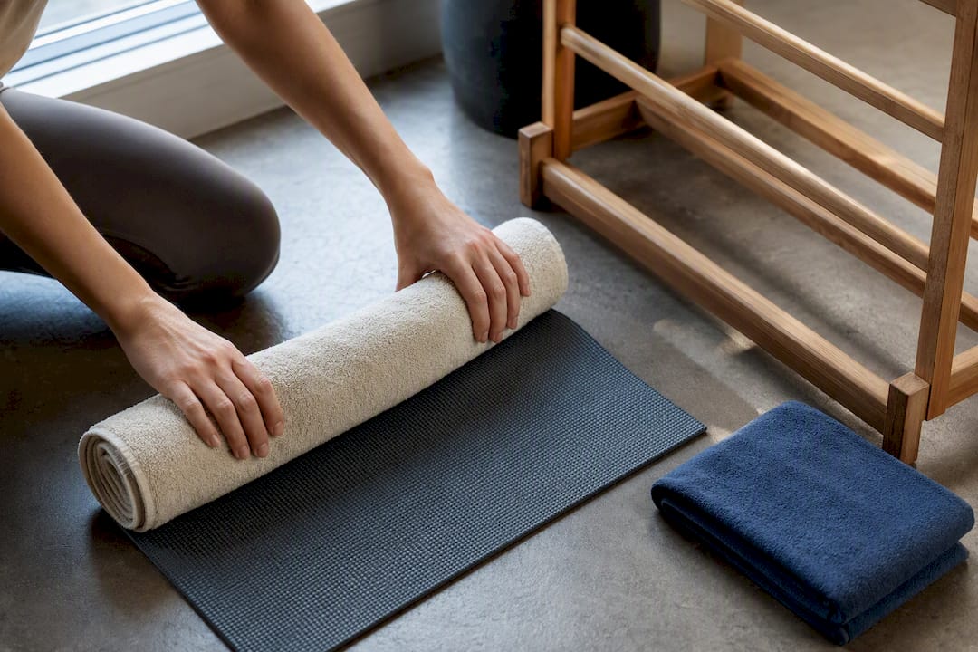 Hands rolling towel around damp yoga mat
