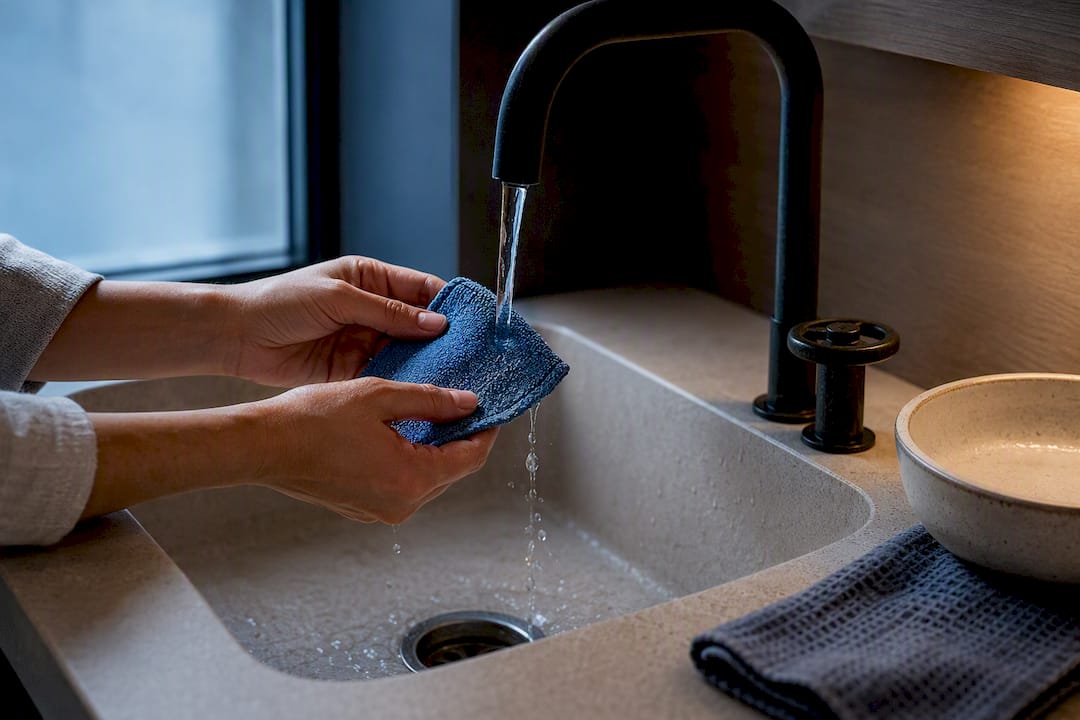 Hands rinsing a damp yoga towel