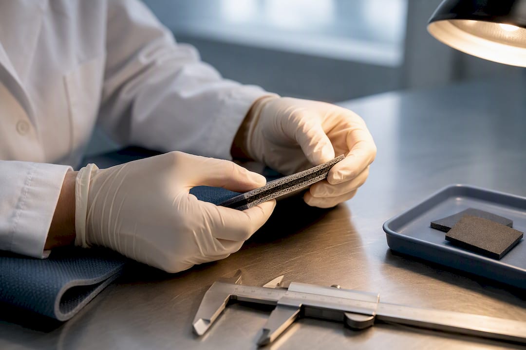 Anonymous yoga mat material sample under laboratory testing