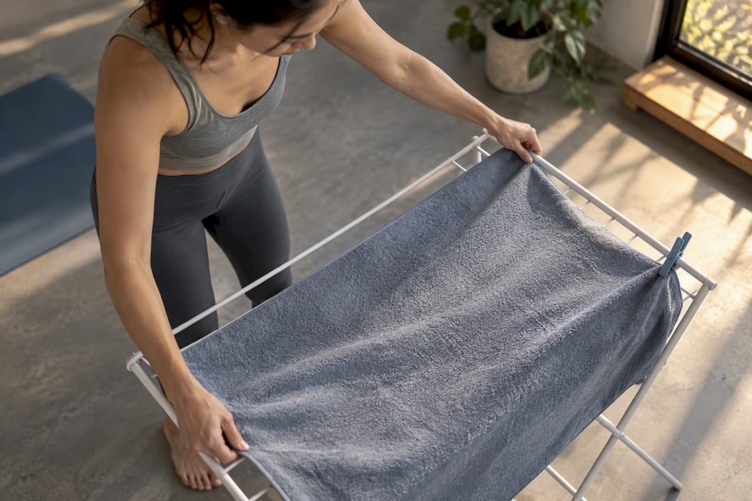 Hands spreading damp towel on drying rack