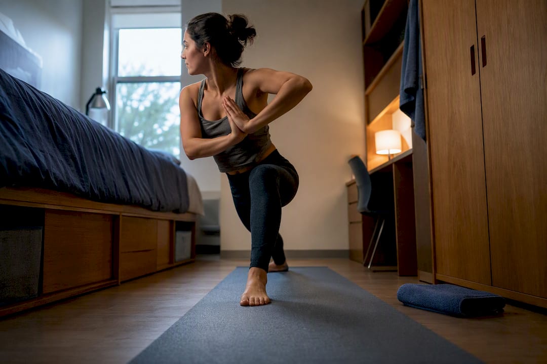 Student practicing yoga in compact dorm room