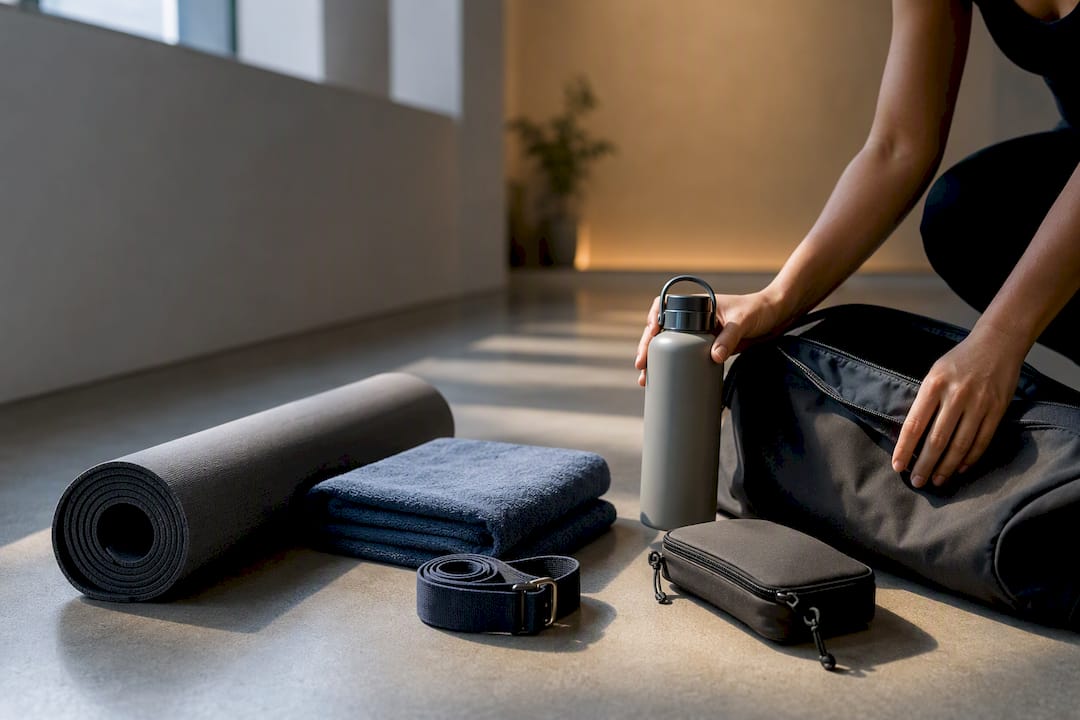 Yoga bag essentials arranged before class