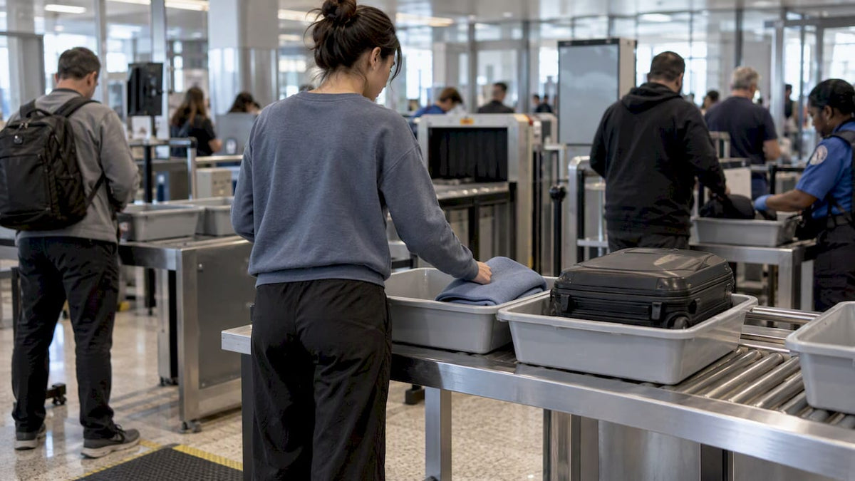 Folded yoga mat at airport security checkpoint