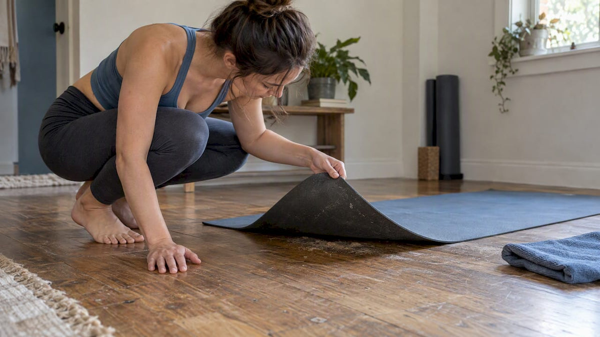 Practitioner checking shifted yoga mat on floor