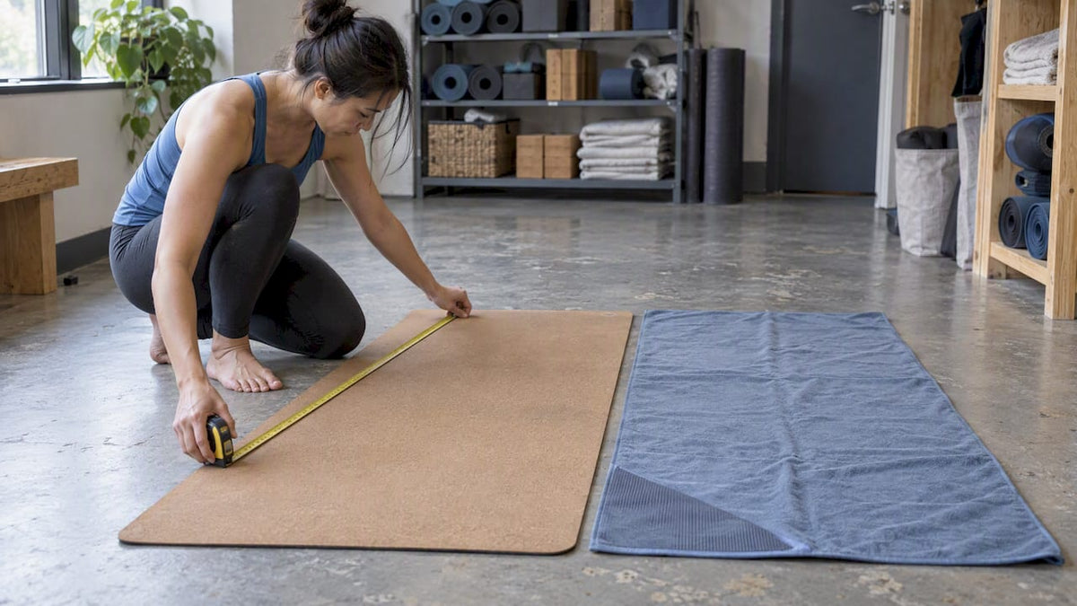 Practitioner measuring yoga mat for towel fit