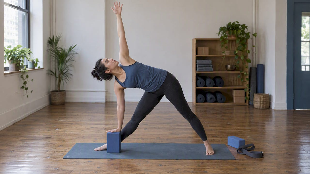 Beginner practicing with a mat and block