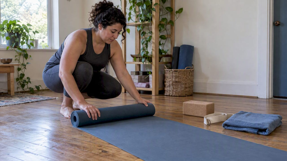 Yoga mat with block strap and towel