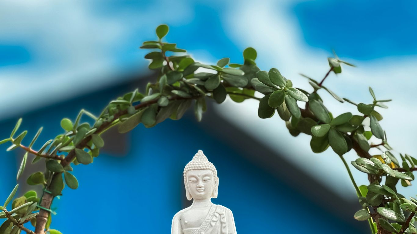 a white buddha statue sitting on top of a potted plant