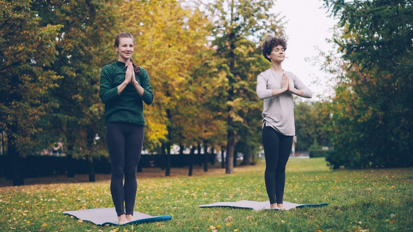 Two women practicing yoga outdoors in autumn park.
