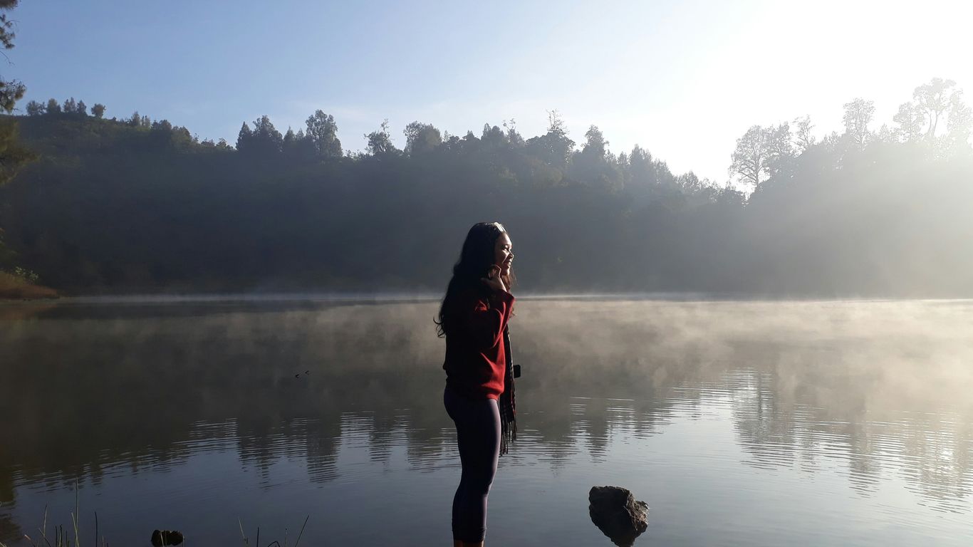 A person standing on a rock near a body of water