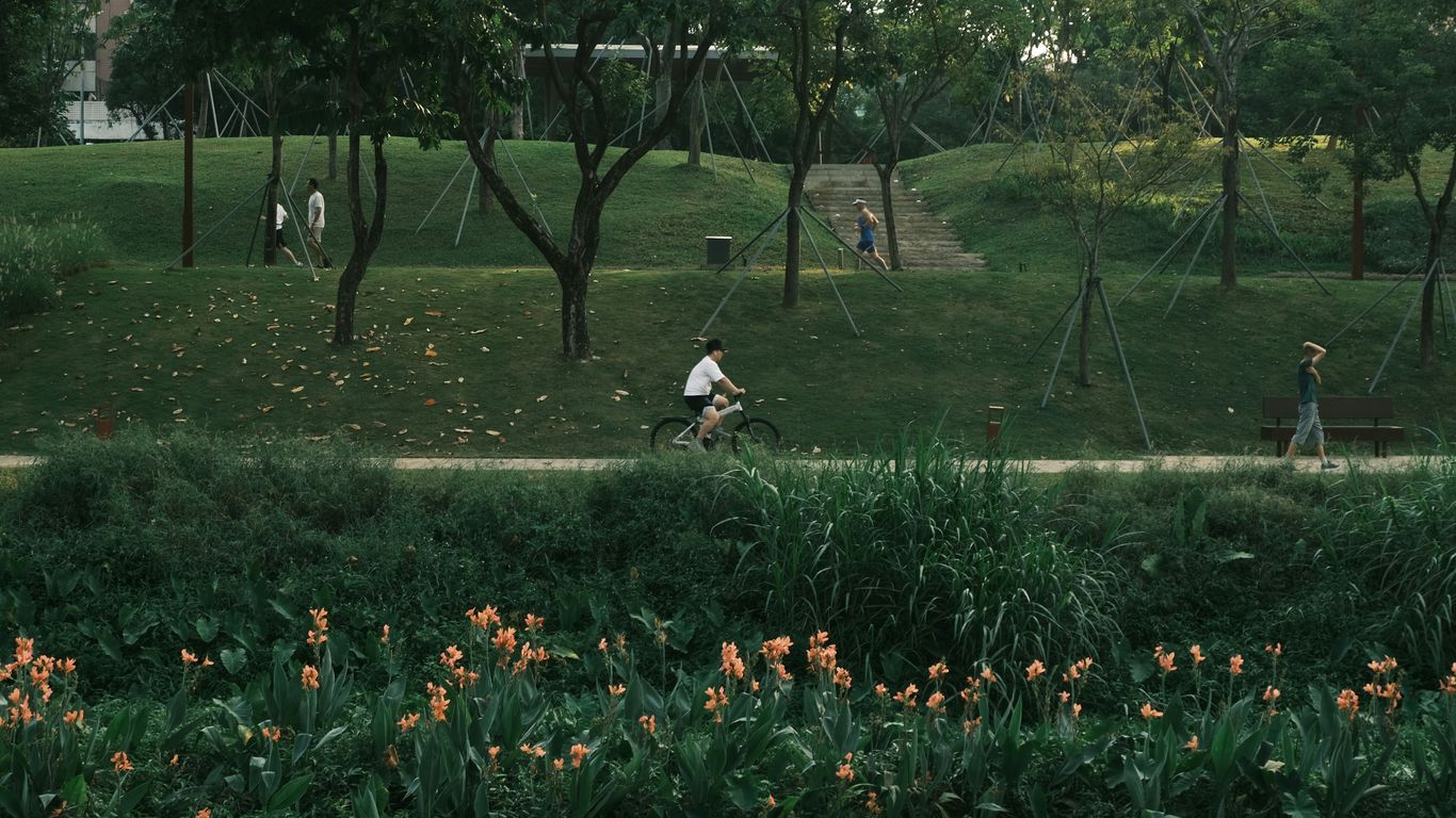 A person cycles along a park path near flowers.
