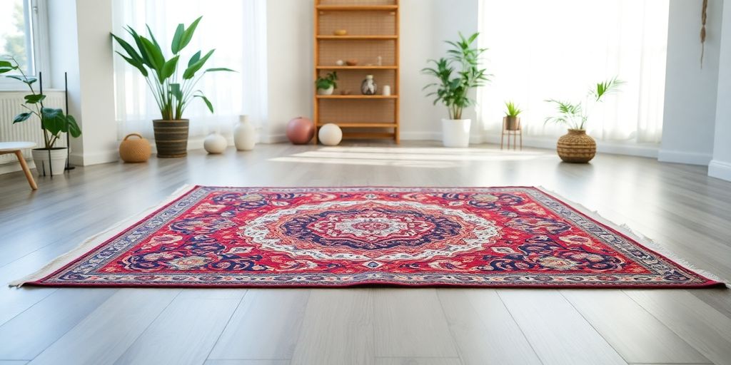 Yoga rug in a serene studio with natural light.