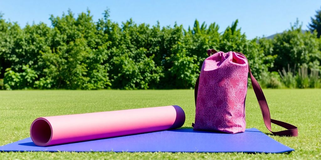 Yoga mat and bag in a serene outdoor setting.