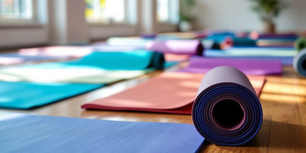 Colorful yoga mats in a bright, serene studio.