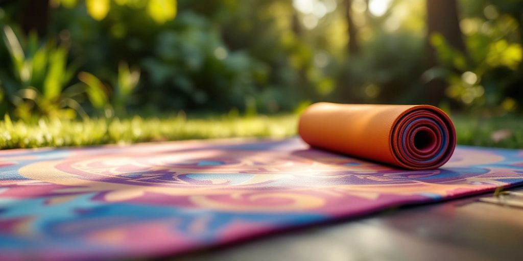 Colorful yoga mat on grass with sunlight.