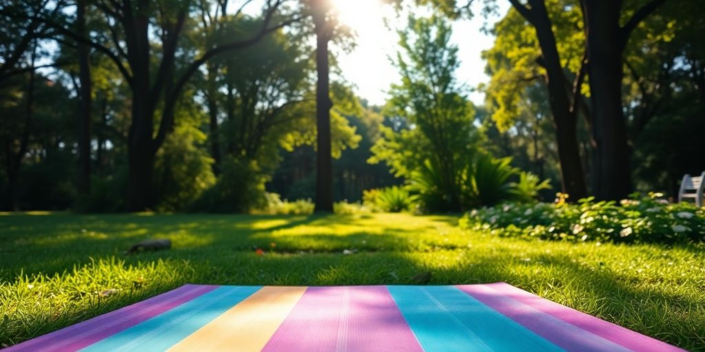 Colorful yoga mat in a peaceful outdoor setting.