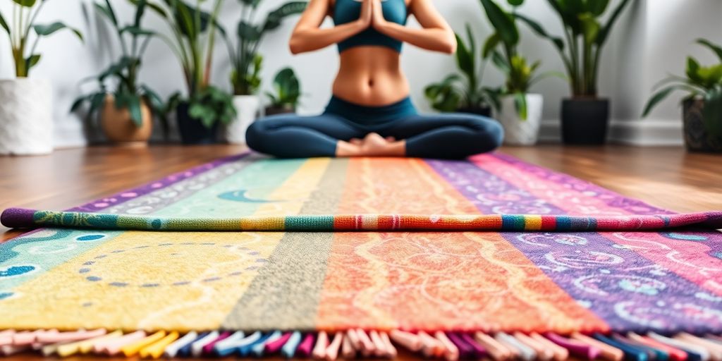 Yoga mat towel on wooden floor with plants.