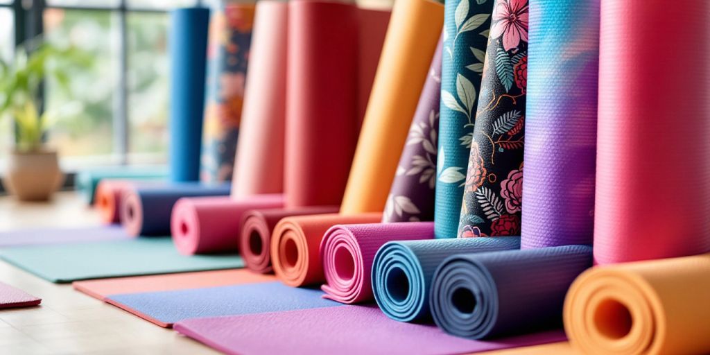 Colorful yoga mats in a tranquil studio environment.