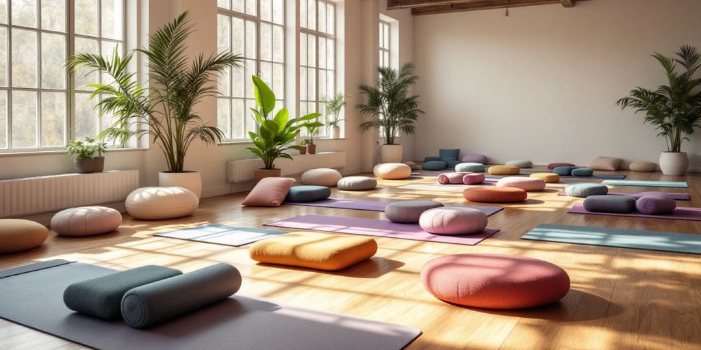 Colorful yoga mats in a bright, serene studio setting.