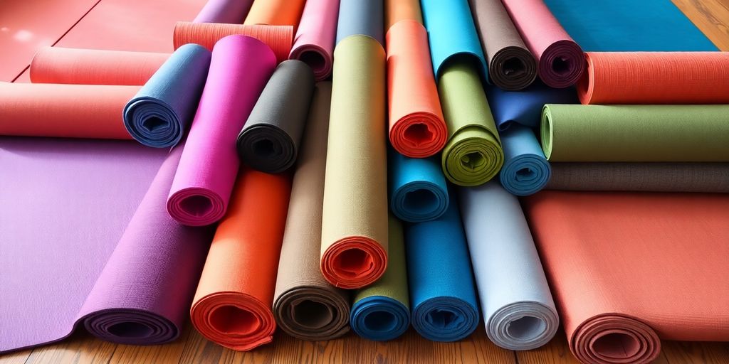 Colorful yoga mats displayed on a wooden floor.