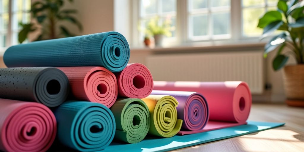 Colorful yoga mats in a serene studio environment.