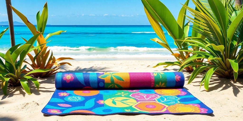 Colorful portable yoga mat on a scenic beach.