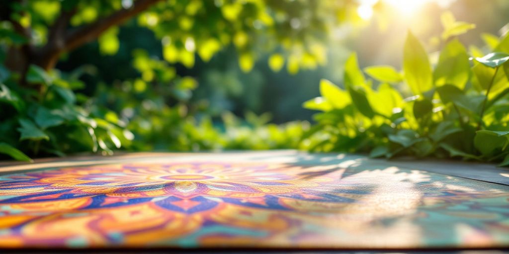 Colorful yoga mat on grass in a peaceful setting.