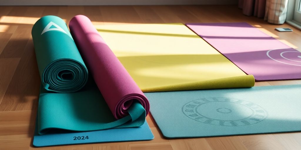 Colorful yoga mats arranged on a wooden floor.