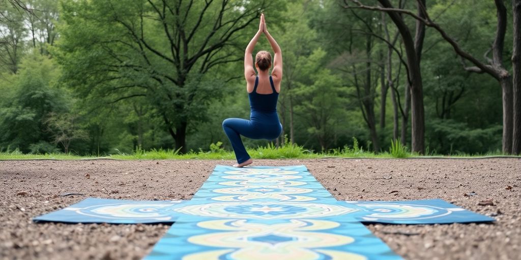 Person practicing yoga on vibrant Infinity Yoga Mat outdoors.