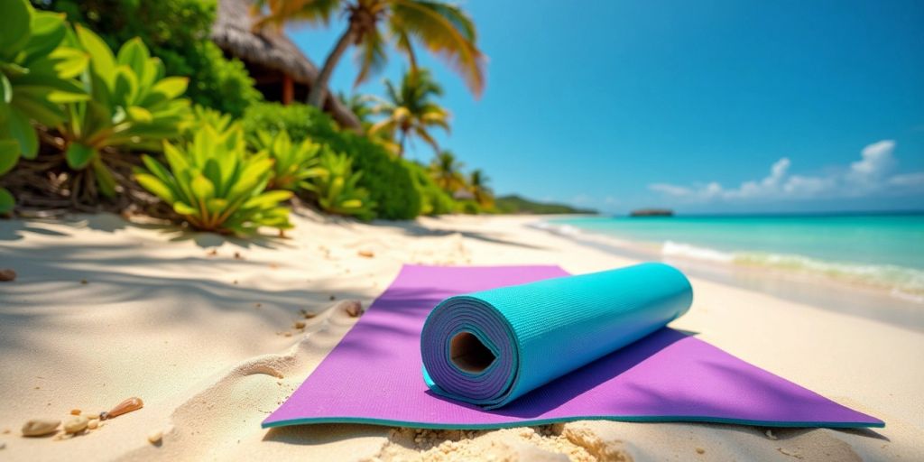 Yoga mat on beach with tropical plants and blue sky.