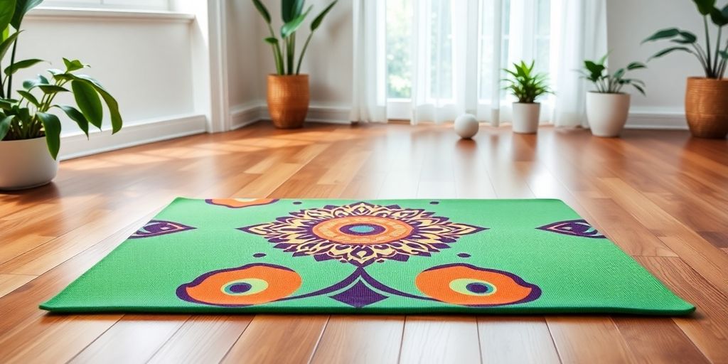 Colorful yoga mat on a wooden floor with plants.