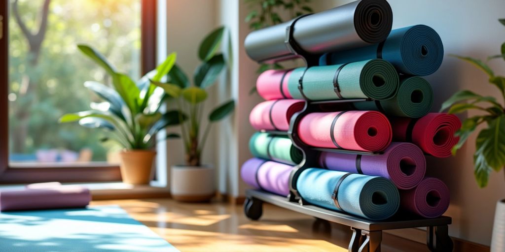 Neatly stored yoga mats in a stylish rack.