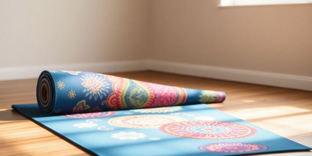 Colorful yoga mat on wooden floor in natural light.