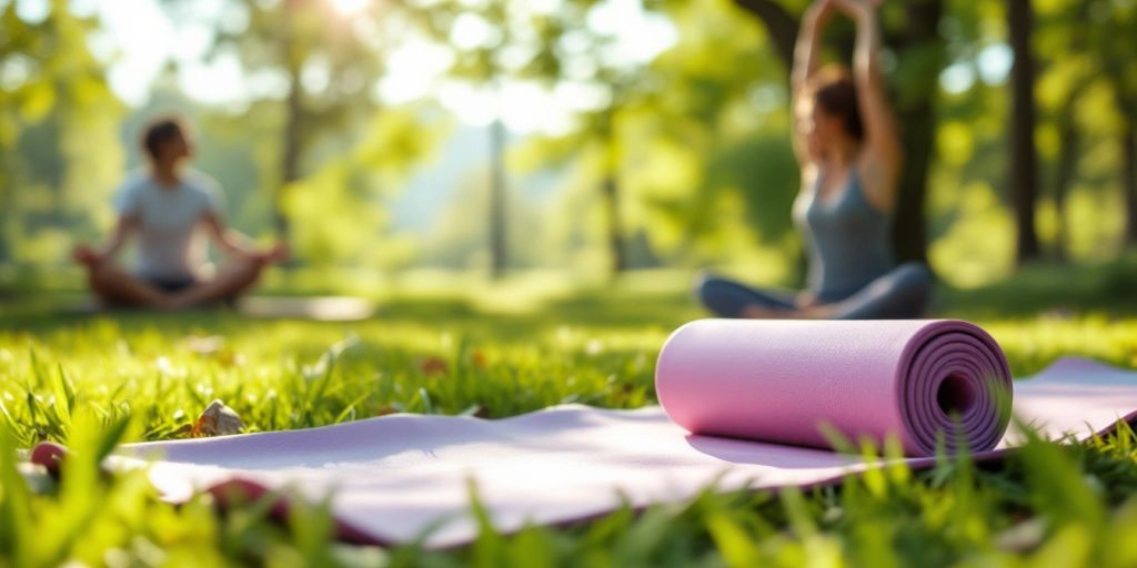 Person practicing yoga on a portable mat in nature.