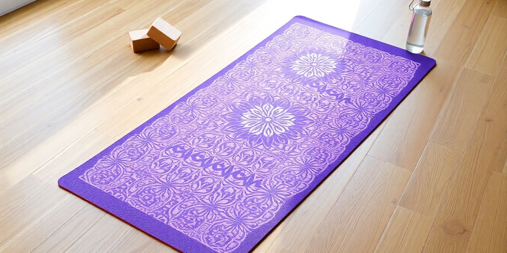 Colorful non-skid yoga mat on wooden floor with props.