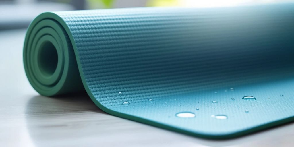 Textured yoga mat with water droplets for grip.