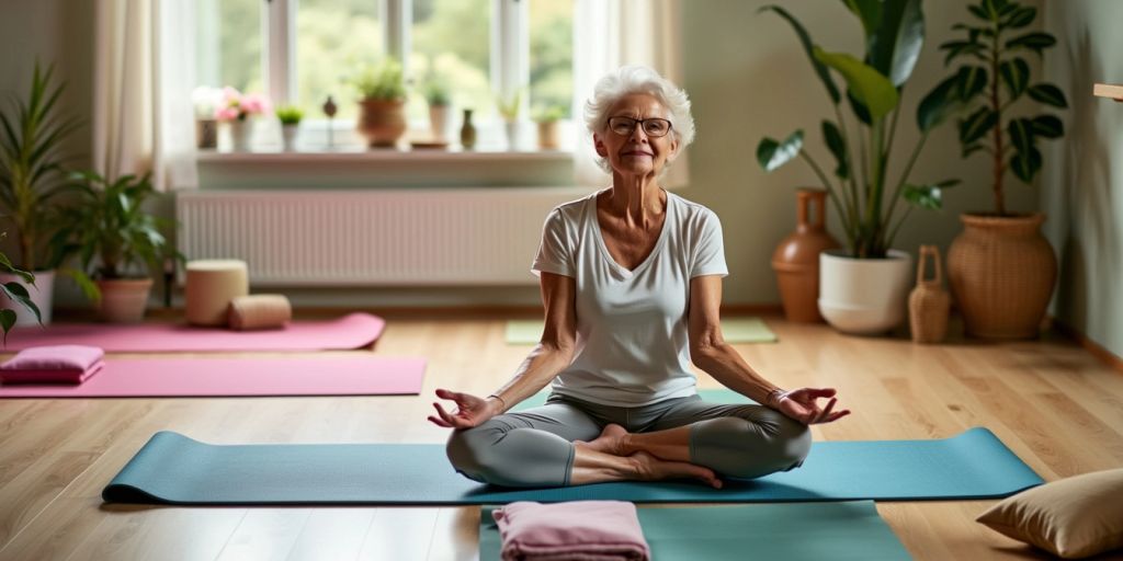 Senior practicing yoga on a colorful mat in studio.