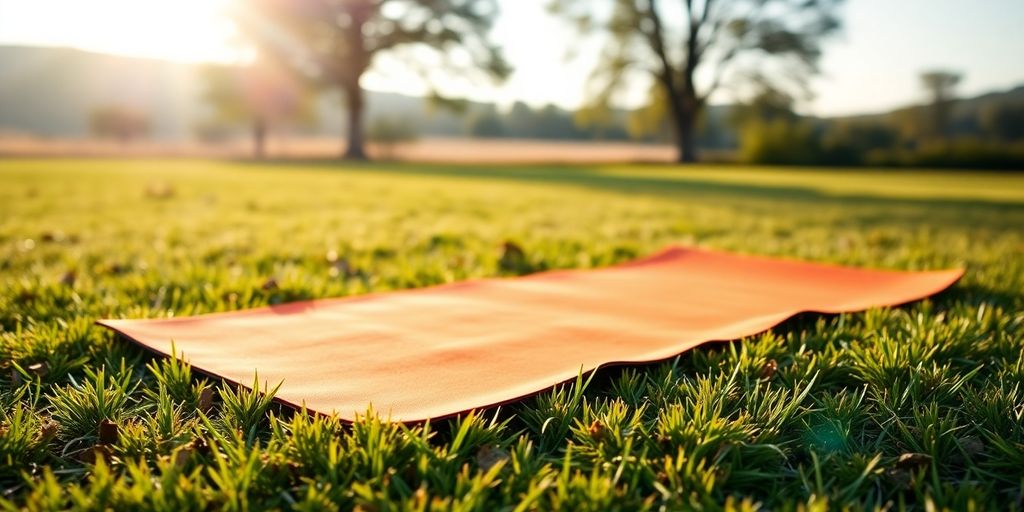 Lightweight travel yoga mat on grass in nature.