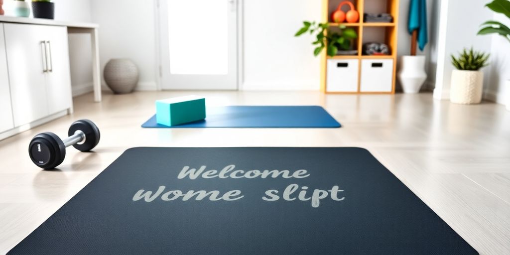 Non-slip workout mat in a bright home gym setting.