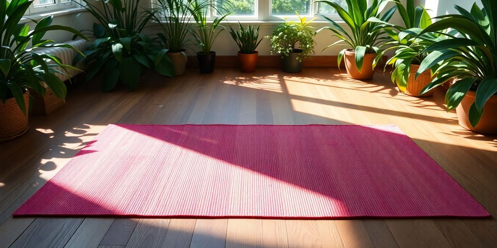 Non-slip yoga mat on a wooden floor with plants.