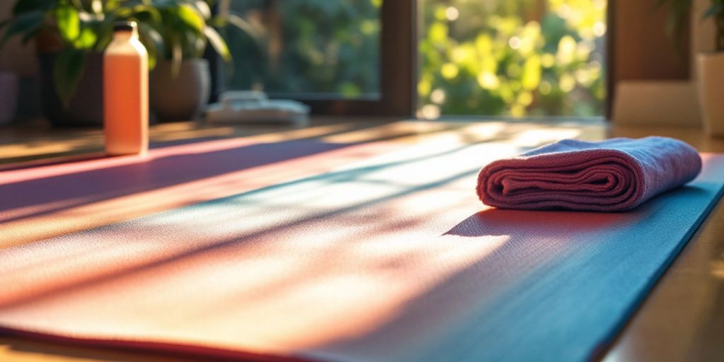 Colorful yoga mat in a bright studio setting.