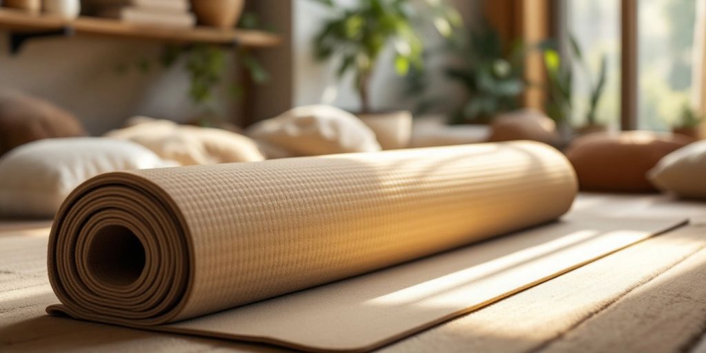 A thick yoga mat in a bright yoga studio.