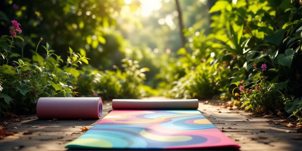 Colorful yoga mat in a peaceful outdoor setting.