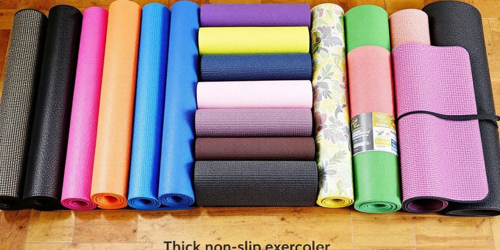 Colorful exercise mats for various workouts on the floor.